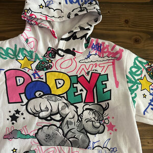 Kids Popeye Sailor Man White Graffiti Graphic Hoodie Size M Streetwear